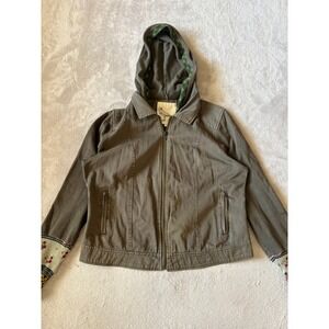 White Crow Size Large Hooded Jacket Full Zip Floral Accents‎ Casual Olive Green